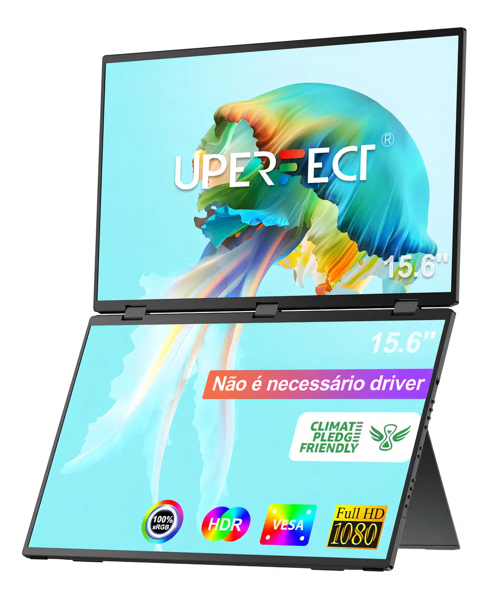 Monitor Duplo Portátil 15.6 Uperfect Tela Ips Full Hd 60hz Pc Gamer Tela Ips Audio Estéreo Ultra Fino Full Hd 1920x1080 Hdmi Usb-c Tela Dupla Dobrável, Plug And Plwin Mac Phone Ps Xbox Switch