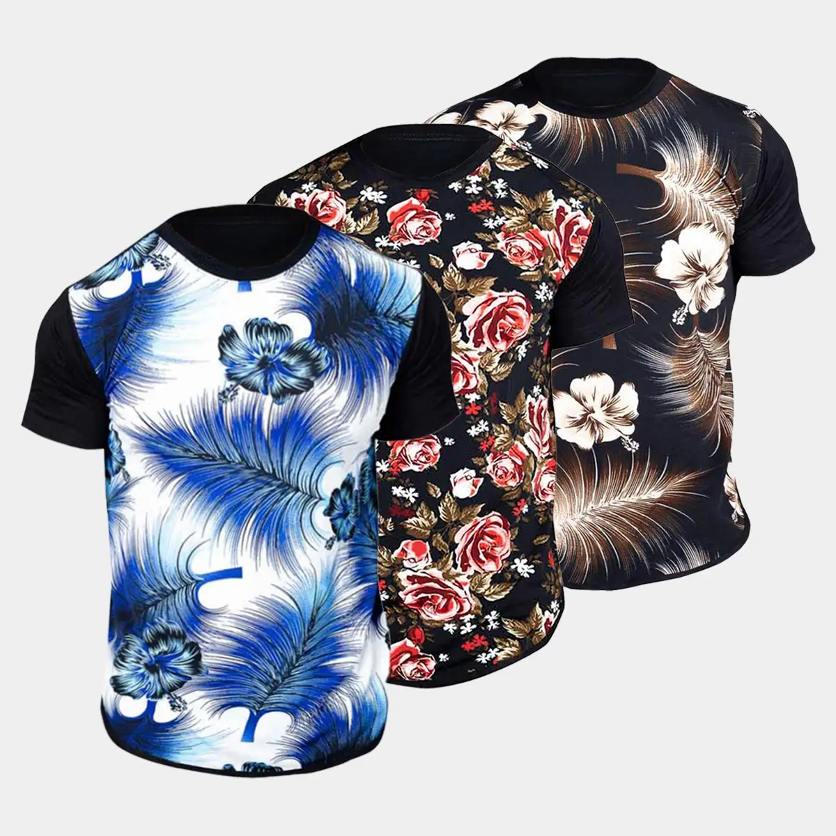 Kit 3 Camisa Long Line Floral Estampada Masculina Swag